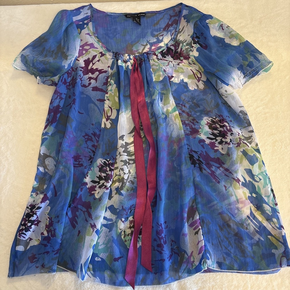 Antilia Femme Sheer 2x Women's Floral Flowy Fairy Blouse Multicolor